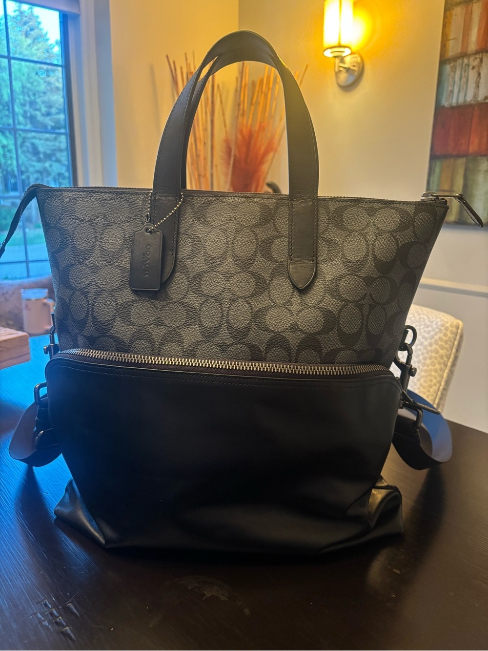 Coach Black Signature Canvas and Leather Tote with Front Zip Pocket